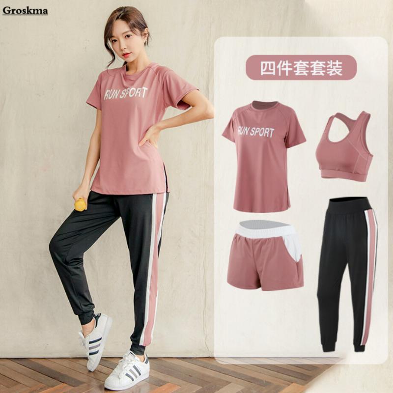 

Sports Running Women Suits Yoga 4 Piece Set T Shirt+Bra+Shorts+Pants Fitness Gym Training Outdoor Clothing Quick Dry Sets Outfits, White;red