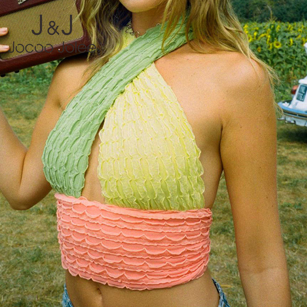 

Jocoo Jolee Elegant Hit Color Patchwork Tanks Sexy Hollow Out Slim Cropped Tops Casual Sleeveless Off Shoulder Party Tank Tops 210518, As photo