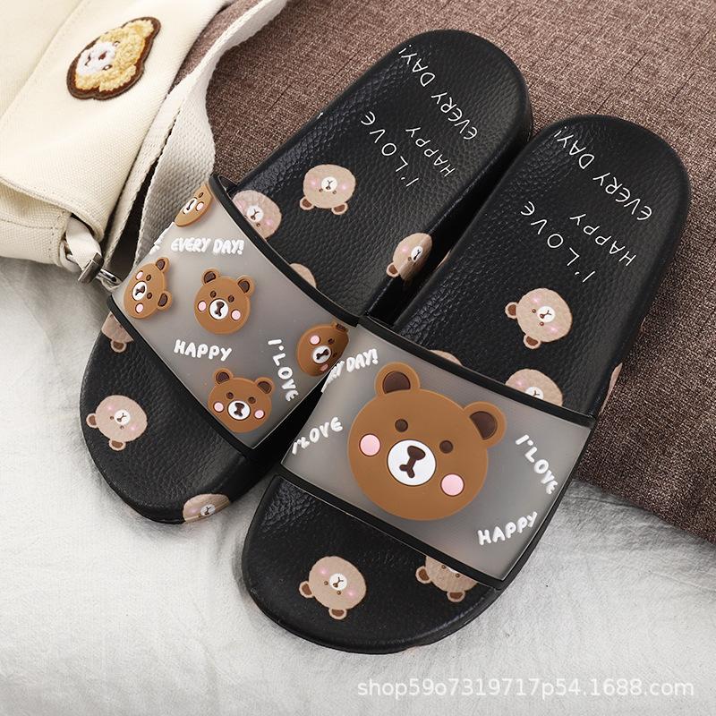 

Summer Sweet Fruit Drags Shoes Open Toe Flat Heel Home Floor Women Slippers Cartoon Watermelon Bear Beach Slides TX131, Black