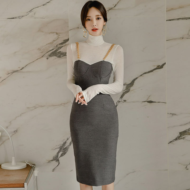 

Spring Korea Lady Slim Knee-Length Color Patchwork Turtleneck Bodycon Full Sleeve Pencil Sexy Women's Dress, Black;gray