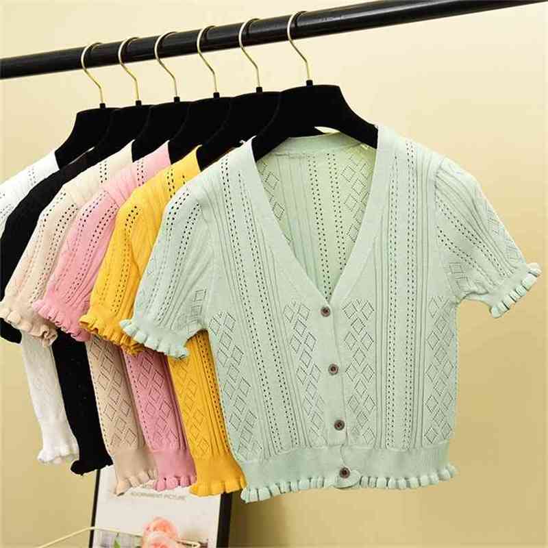 

Sexy Hollowing Knit Sweater Fashion Women Summer V Neck Short Sleeve Tops Laides Single Breasted Pull Ruffles Pullover 210525