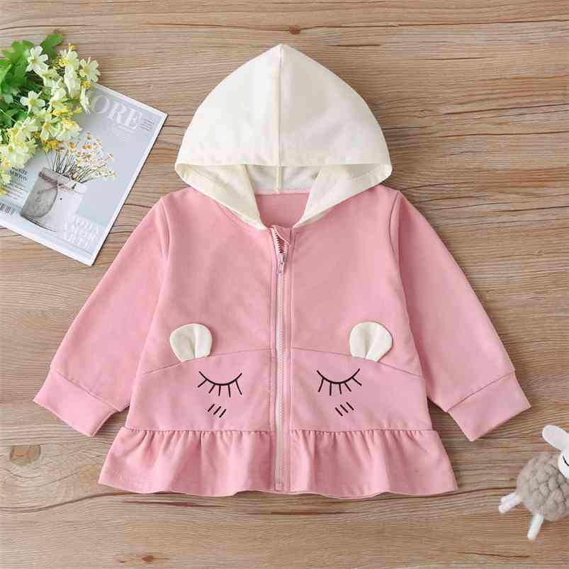 

Winter Children Casual Cotton Long Sleeve Zipper White Hooded Print Pink Hoodies Baby Girls T-shirt 2-6T 210629