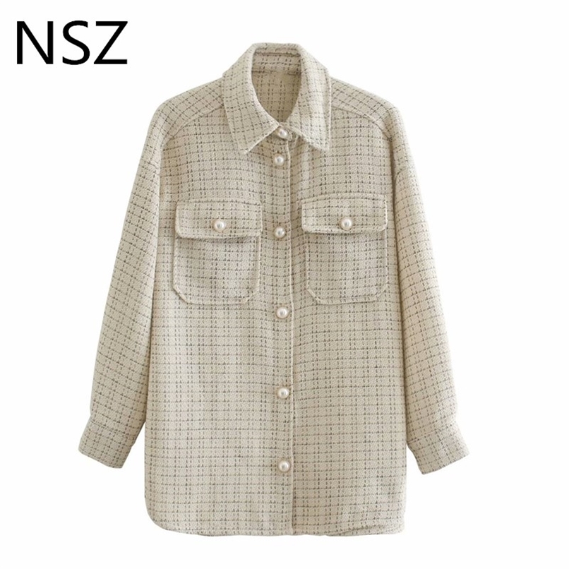 

NSZ women oversized plaid shirt jacket large size checked overshirt coat pearl button dogtooth blouse jacket outerwear chaqueta 211109, 27-1