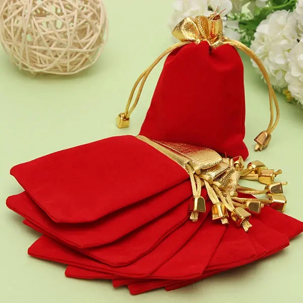 

Golden Red Flannelette Drawstring Pouchs Jewelry Gift Bags Pouch