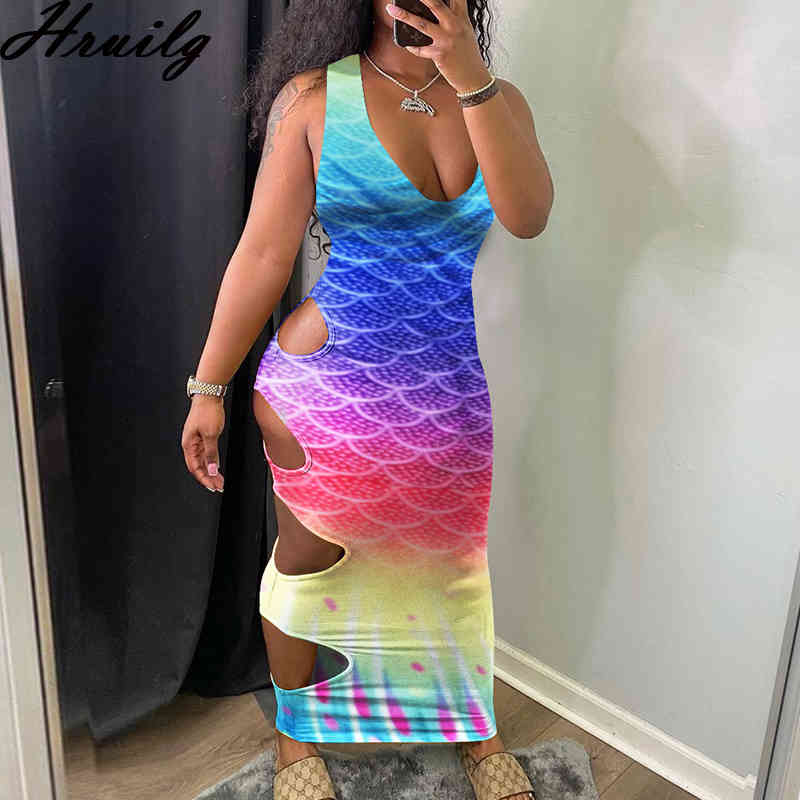 

Summer Dress Women Sleeveless Scale Print High Waist Hollow Out Woman Elegant Fashion Party Maxi es for 210520, Blue