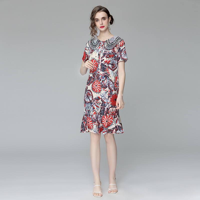 

Elegant Printed Fishtail Dress Cute Doll Collar 2022 Runway Designer Ladies Short Sleeve Casual Office Slim Bodycon Dresses Vintage Chic Star Women Clothes Summer