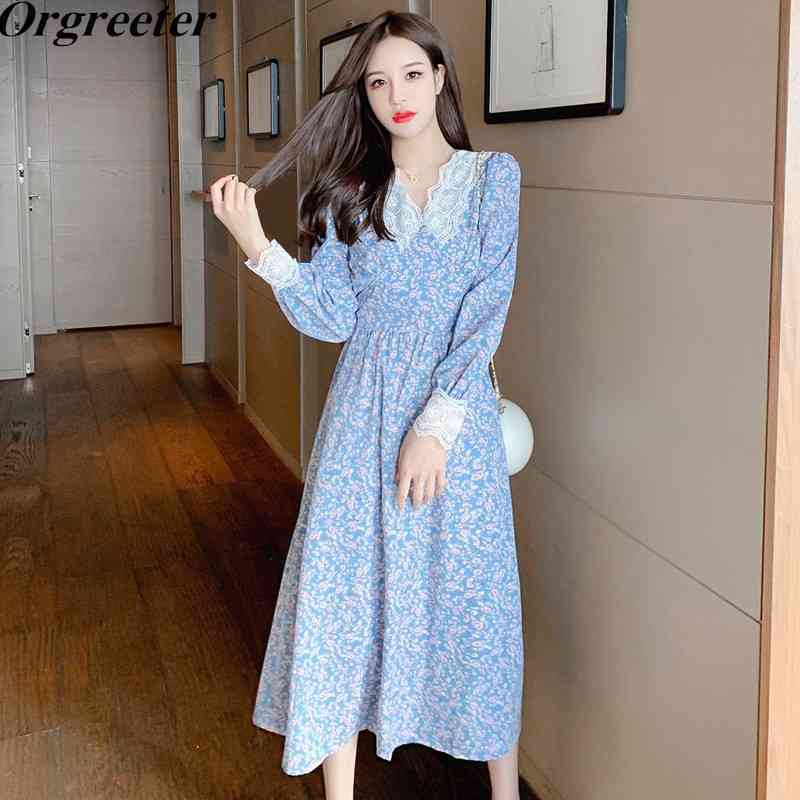 

Spring Ladies Dress Floral Printted Lace Trim V-neck Retro Long-sleeved Lace-Up Mid Casual Female 210525, Blue