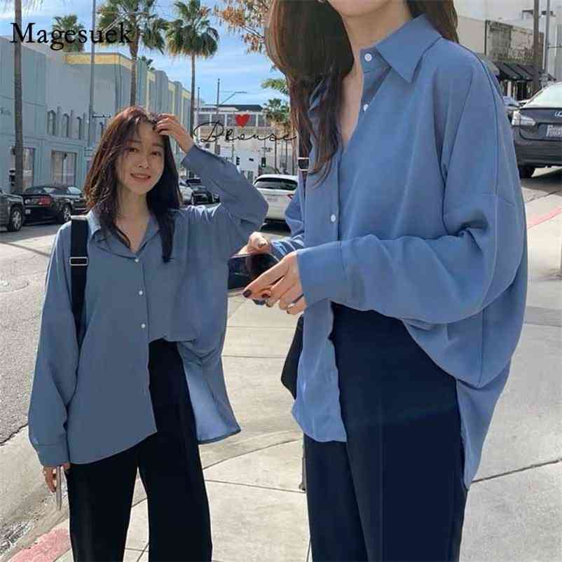 

Cardigan Autumn Vintage Plus Size Chiffon Blouse Women Korean Long Sleeve Shirts Blue Button  Tops 11398 210518