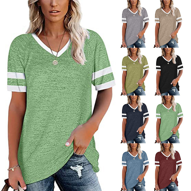 

women's 2021 summer new v-neck contrast short sve casual t-shirt chicken heart collar, White