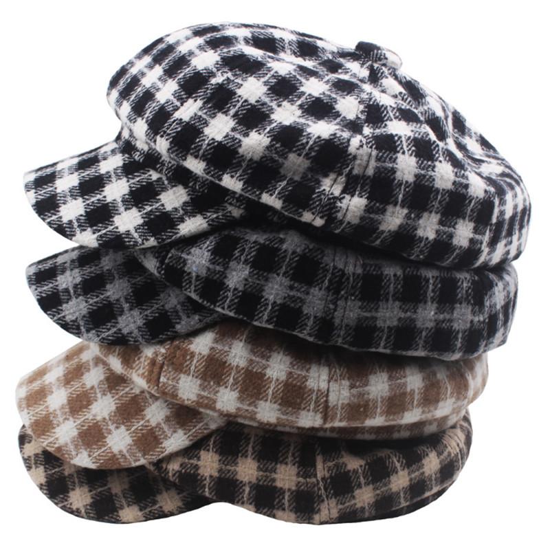 

Beanies Fashion British Ladies Women's Hat Flat Cap Winter Cotton Plaid Young Student Octagonal Hats Beret Caps