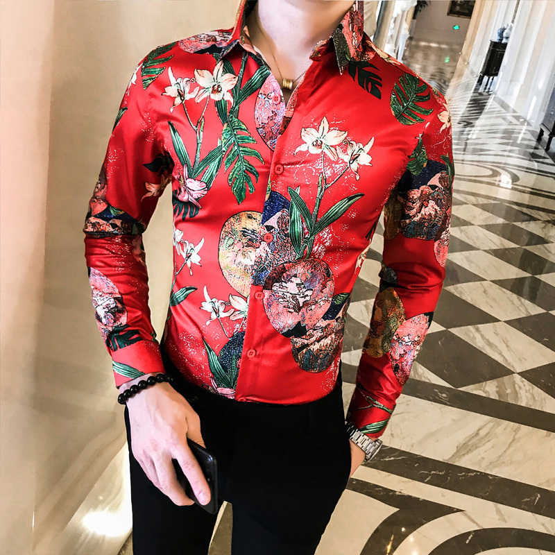 

Autum Casual Social Shirts Men Red Flower Print Streetwear Hawaiian Shirt Men Slim Fit Long Sleeve Shirts Camisa Masculina 210527