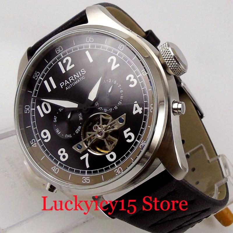 

Hollow Dial Round Big Mechanical Men Wrsitwatch Date Week Leather Band ST Movement Wristwatches, Black