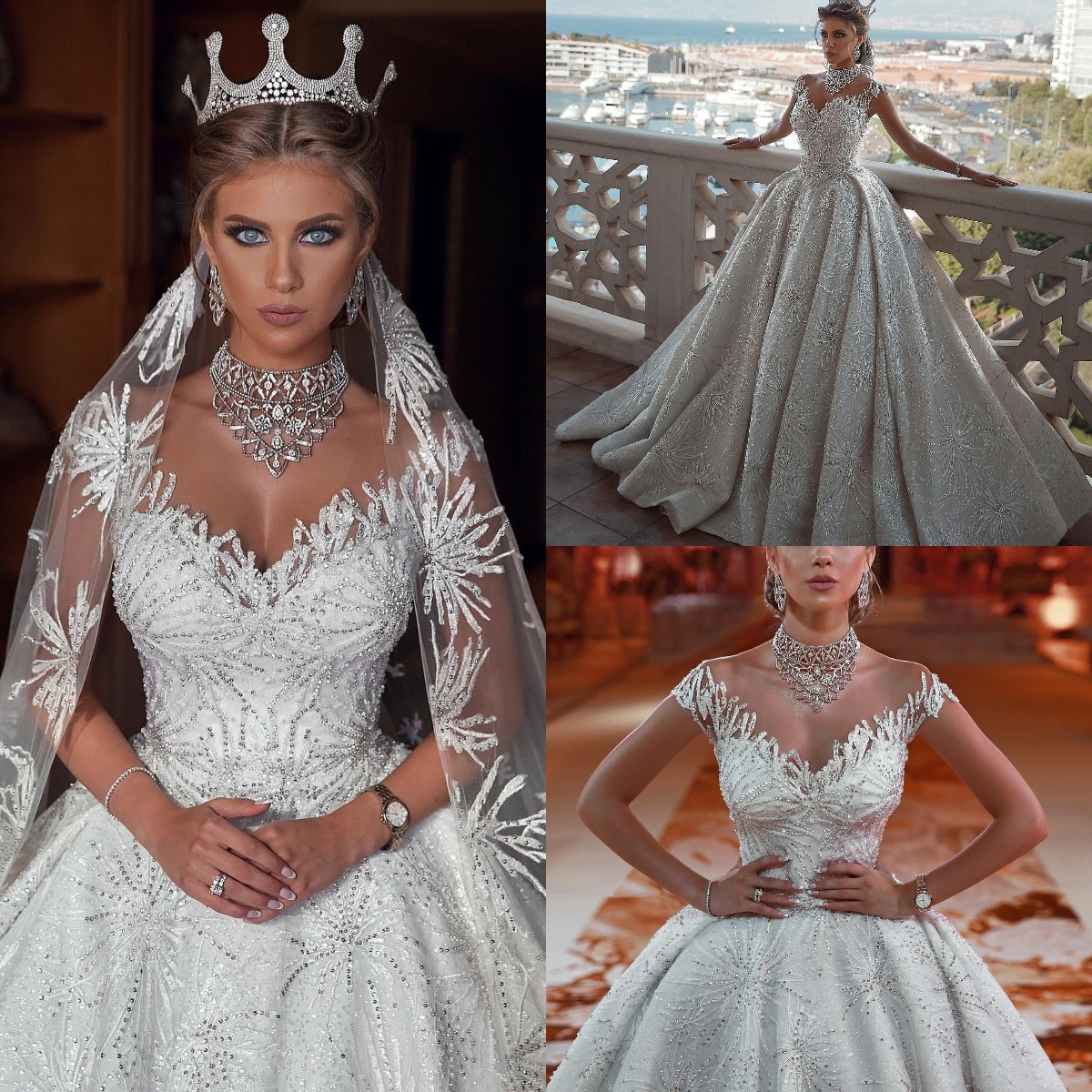 

Luxury Ball Gown Wedding Dresses Lace Appliqued Short Sleeve Beaded Sequined Sheer Neck Custom Made Dubai Arabia Bridal Gowns, Daffodil