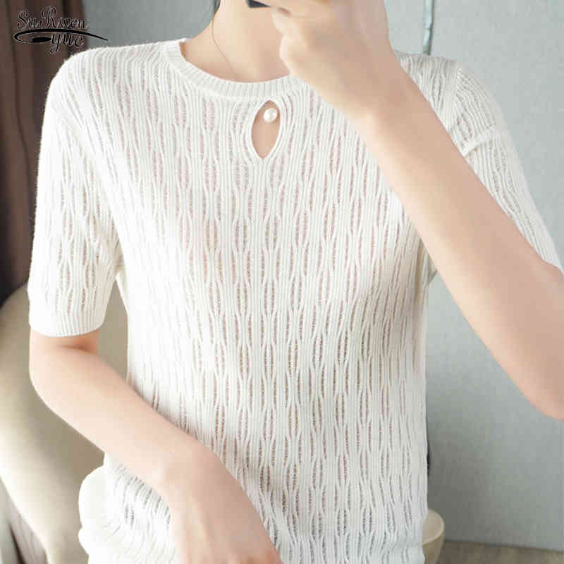 

Summer Round Neck Hollow Knitted Wool Short Sleeve Bottoming Shirt Women' Loose Thin Pullover Worsted Fashion Top 14649 210521, Oat