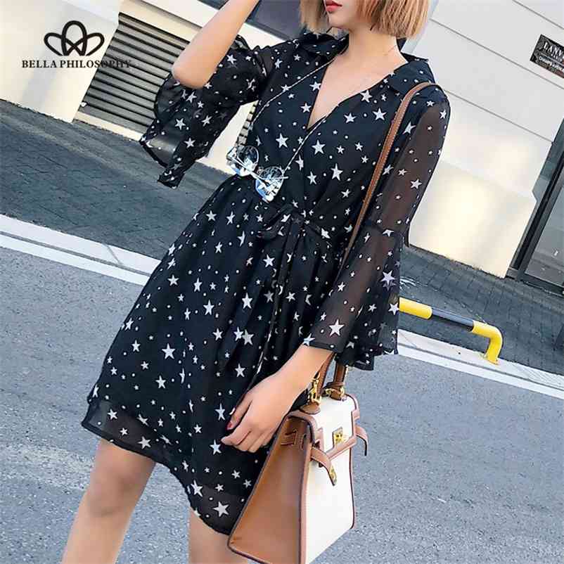 

spring women three quarter sleeve print dress high waist V Neck chiffon flare sashes 210519, Black