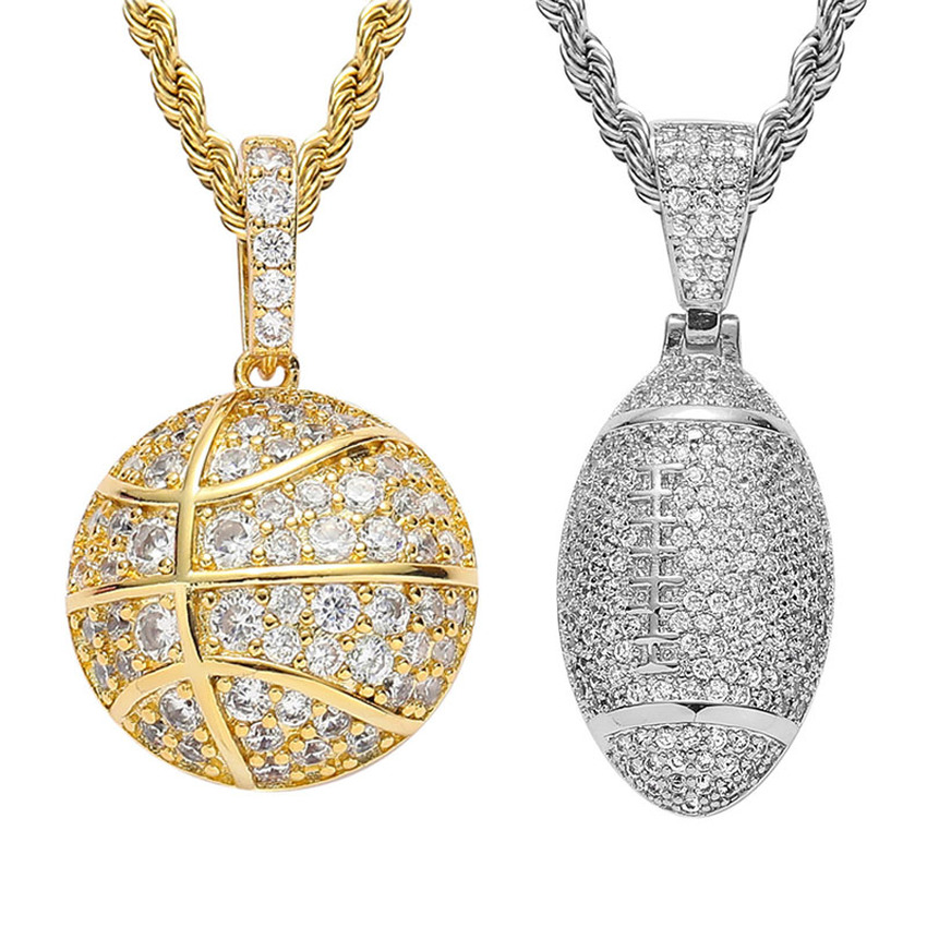 

Bling 18k Gold Cubic Zirconia Basketball Necklace 60cm Golden Chains Jewelry Set Copper Diamond Hip Hop Sport Football Pendant Rap Necklaces for Women Men Dropship