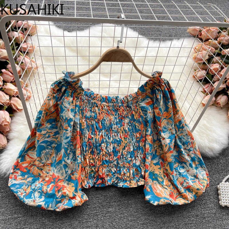 

KUSAHIKI Floral Short Women Blouse Tops Puff Sleeve Slash Neck Sexy Strapless Shirt Summer Sweet Blusas Femme 6H700 210602, Green