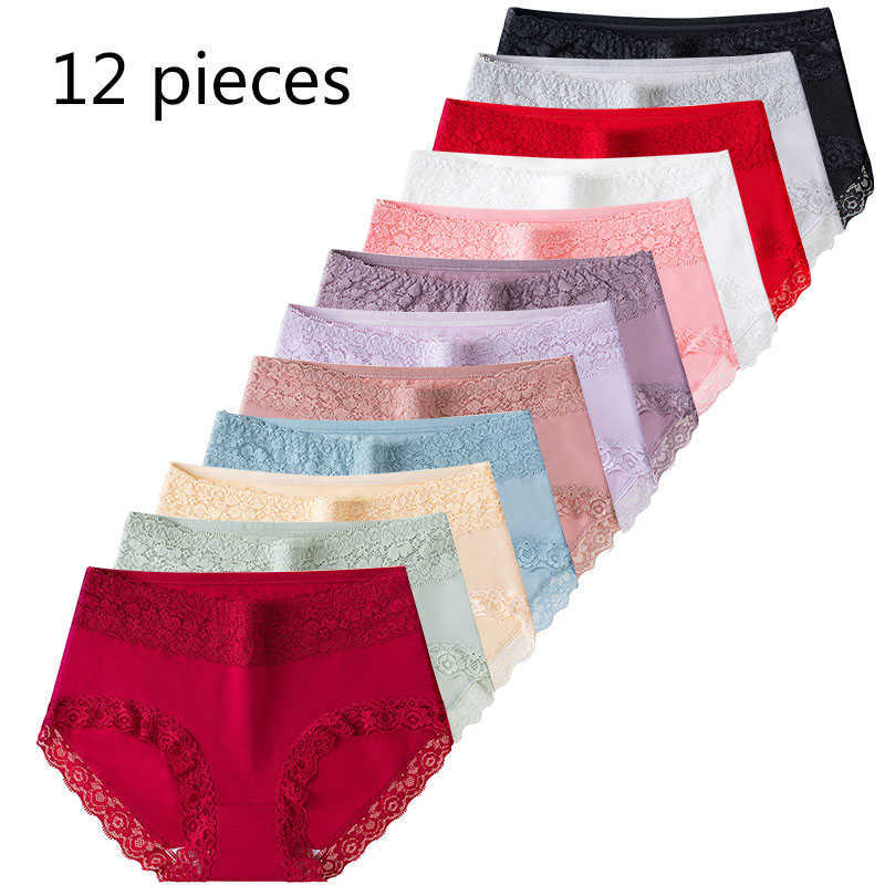 

12 PCS/Lot Women's Cotton Underwear Cute Sexy Comfortable Soft Lace Panties Seamless Girl Briefs Women Flingerie Large Size SALE 210720, 12 pieces