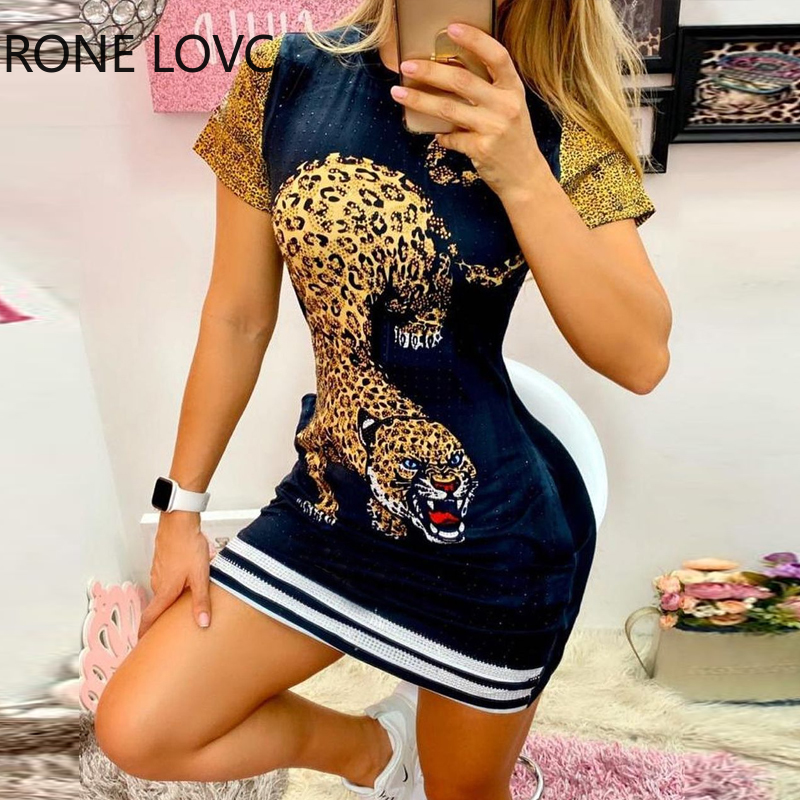 

2021women tiger print short sleeve casual dress summer mini elegant dress, Black;gray