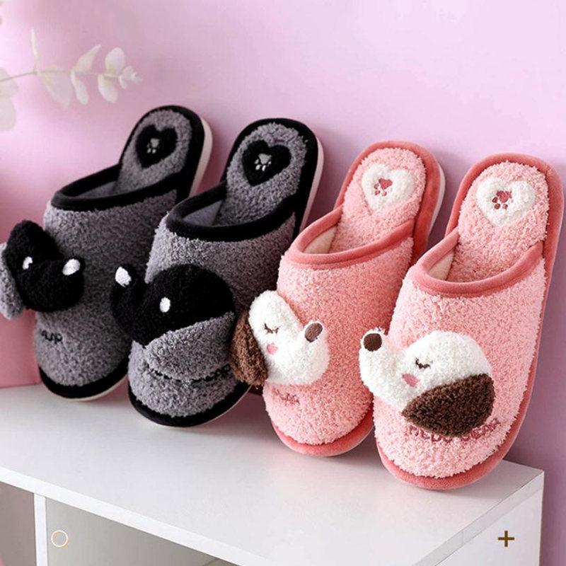 

Female Cartoon Slippers Warm Plush Cute Dog Soft Sole Lovers Winter Indoor Shoes Woman Men Home Floor Slipper Anti-slip Footwear, Pink