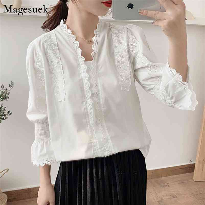

Autumn Slim Blouse Women Flare Sleeve Cotton Loose Shirt Floral V Neck Sweet White  Blouses Tops Blusas 10321 210518