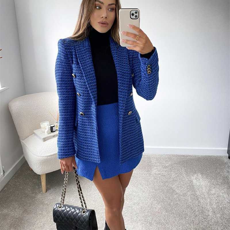 

Women's Suits & Blazers Woman Elegant Navy Blue Slim Tweed Blazer 2021 Autumn Female French Solid Textured Ladies Chic Double Breasted Outwe, Dress