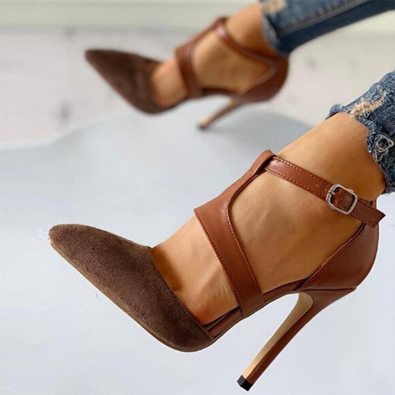 

Dress Shoes Women Buckle Hight Heels Woman Pointed Toe Sandals Female Party Sexy Summer Ladies Retro Flock Footwear Big Size 43, Brown