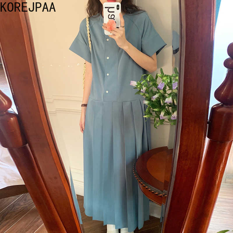

Korejpaa Women Dress Summer Korea Simple Versatile Commute Solid Single Breasted Design Wide Loose Hem Pleated Long Dresses 210526, Dark blue