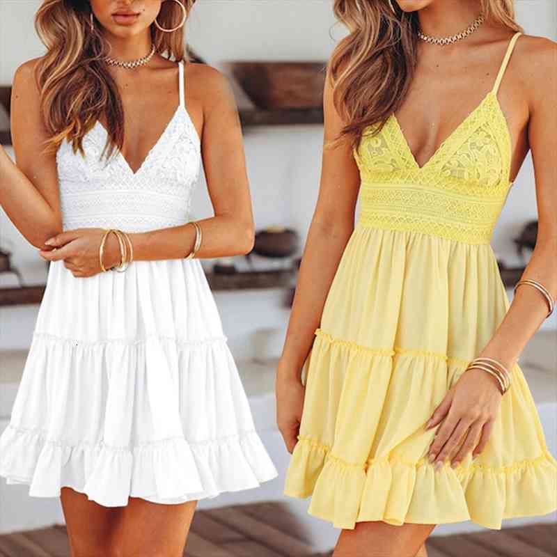 

Summer Women Lace Mini Dress Sexy Backless V-neck Beach Dresses Halter Sleeveless Spaghetti Strap Ruffle Sundress White Dress, Black;gray