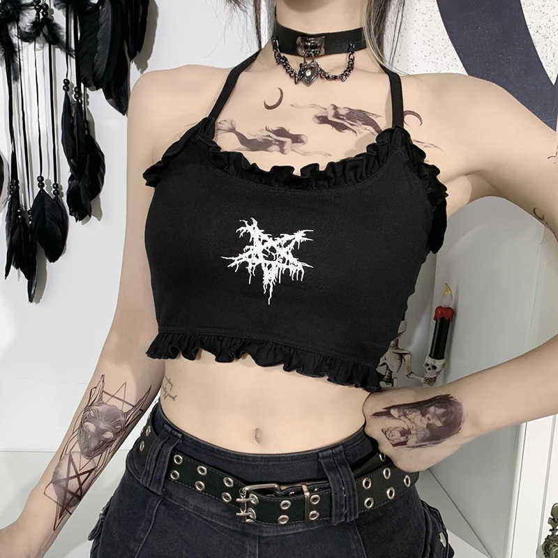 

Punk Gothic Aesthetic Grunge Tank Mall Goth Women Alt Clothes Emo Ruffles Print Harajuku Black Streetwear Female Top 210608
