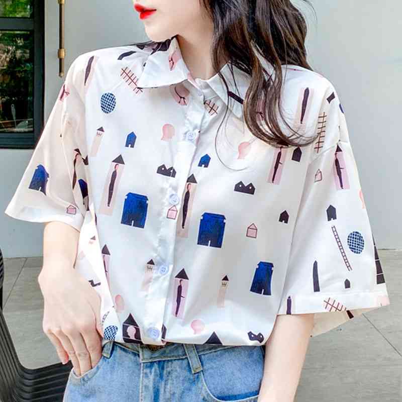 

Summer Short Sleeve Blouse Shirt Blusas Mujer De Moda Blouse Women Turn Down Collar Print Chiffon Blouse Women Tops D183 210602