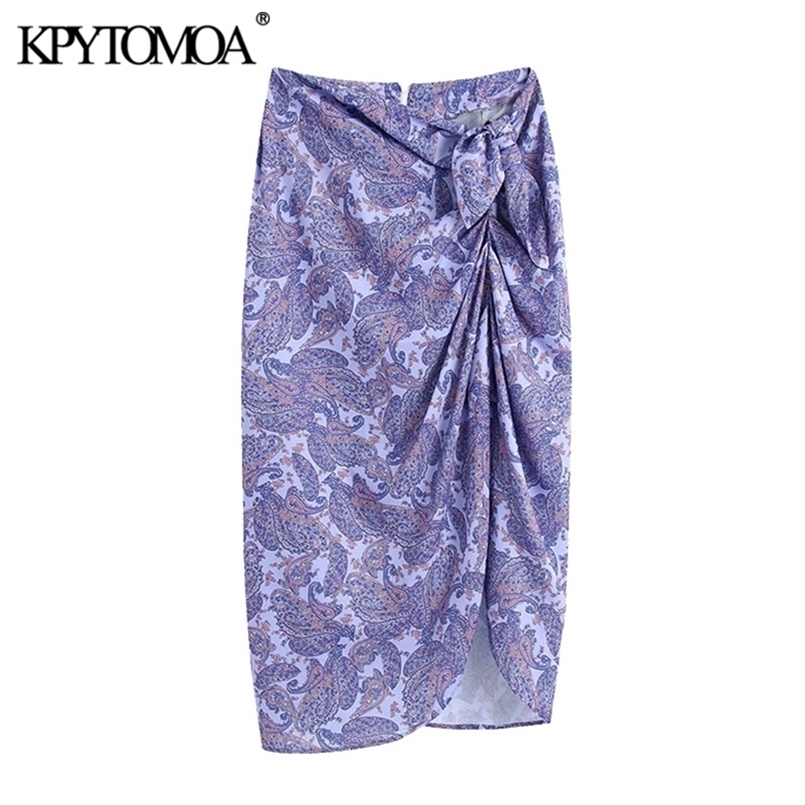 

KPYTOMOA Women Chic Fashion With Knot Paisley Print Wrap Midi Skirt Vintage High Waist Back Zipper Female Skirts Mujer 210702, As picture