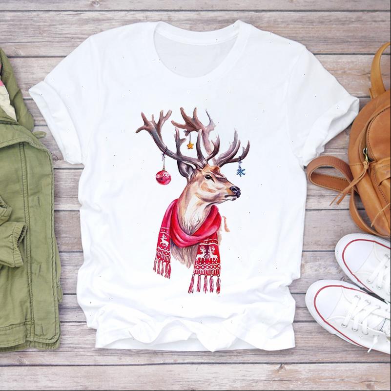 

women christmas deer cute cartoon clothes 90s holiday print lady tshirt ladies graphic t shirts female tee shirt, White