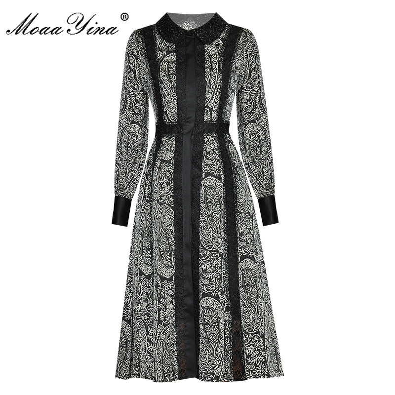 

Fashion Designer dress Autumn Women' Dress Long sleeve Beading Lace Print Vintage Dresses 210524, Gray