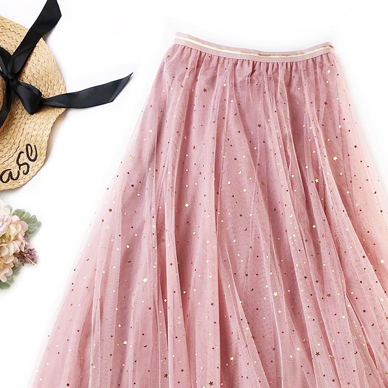 

Skirts 2021 Women High Waist Lace Pleated Spring Summer Female Chiffon Tulle Shiny Stars Sweet Long Skirt, Beige