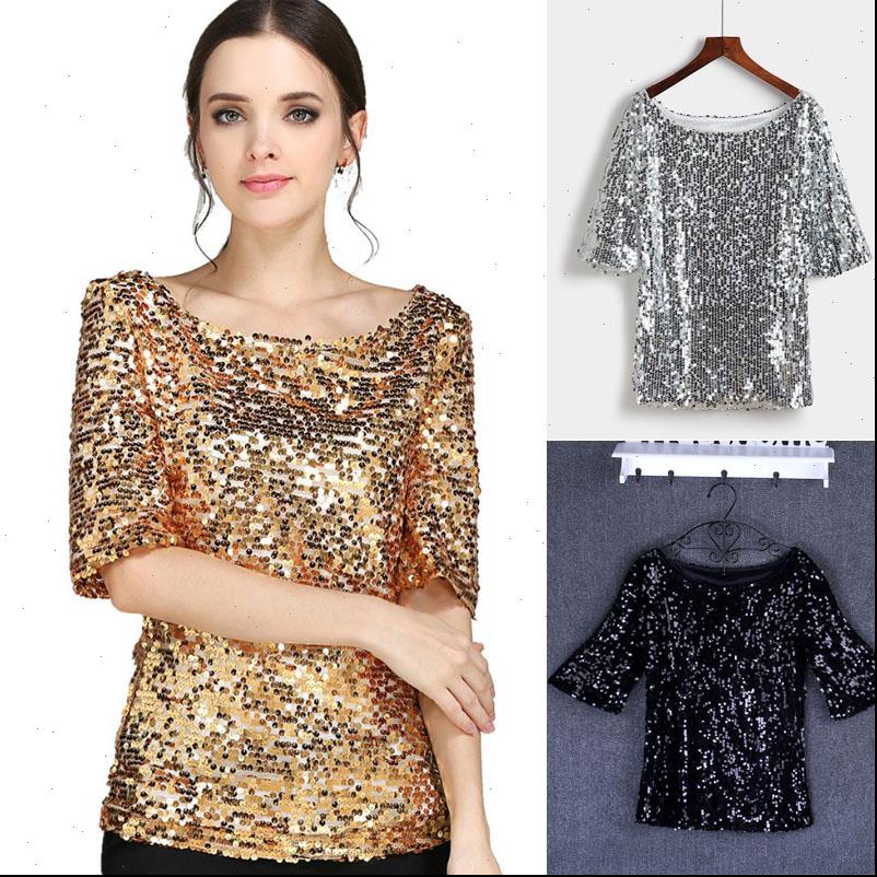 

women t shirt sequins gold silver glitter spring summer short plus size evening party elegant club, White