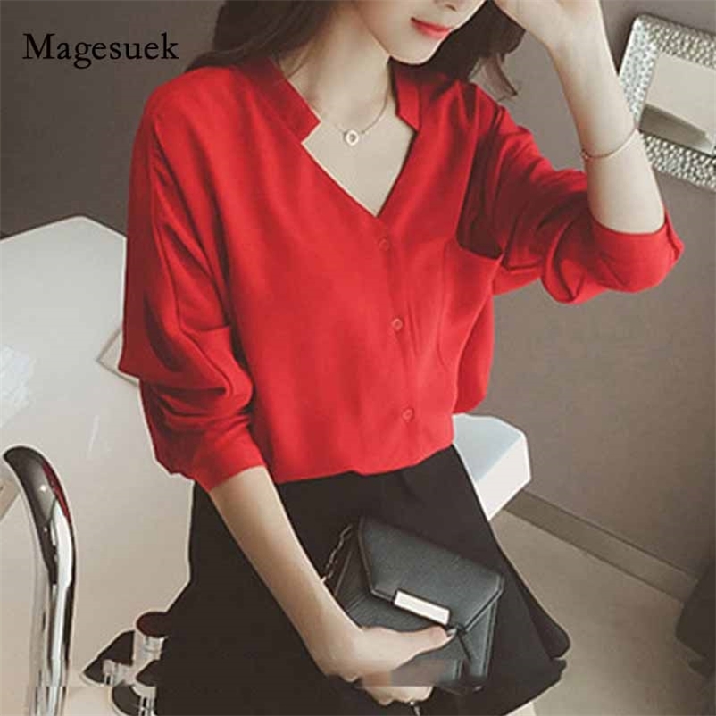 

V-Neck Blouse Women Long Sleeve Loose Ladies Clothing Autumn Casual Solid Button Cardigan Chiffon Shirt Blusas 11046 210518, Red