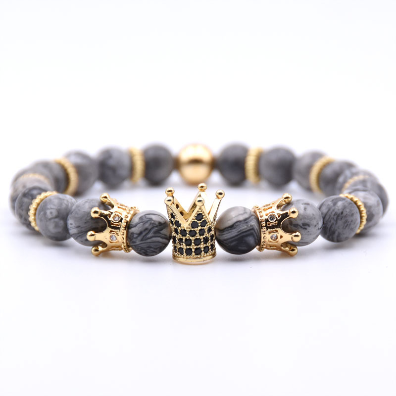 

8mm Natural Stone Strands Micro Inlaid Zircon Crown Charm Bracelet for Men and Women