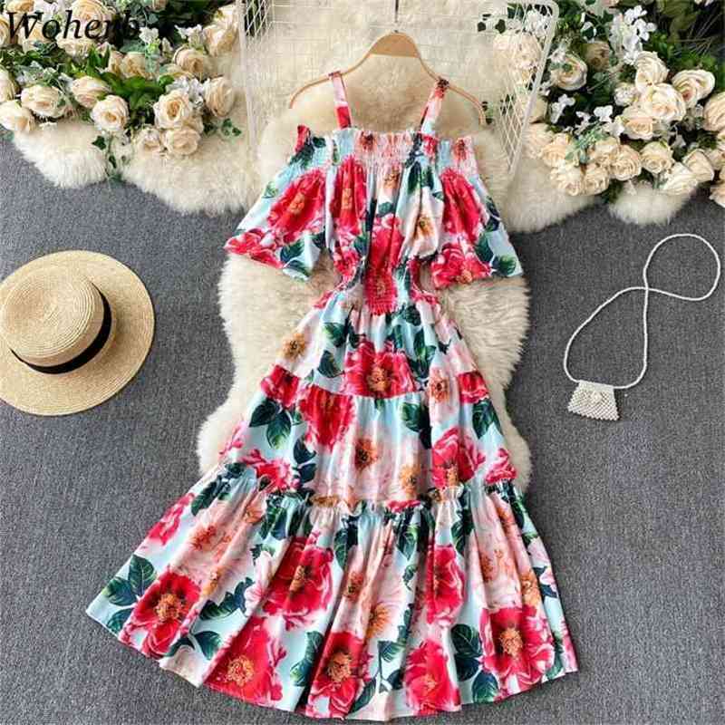 

Beach Style Dresses Women Summer Robe Slash Neck Off Shoulder Short Sleeve Vestidos Sweet Ruffles Floral Sling Dress 210519, Mixed