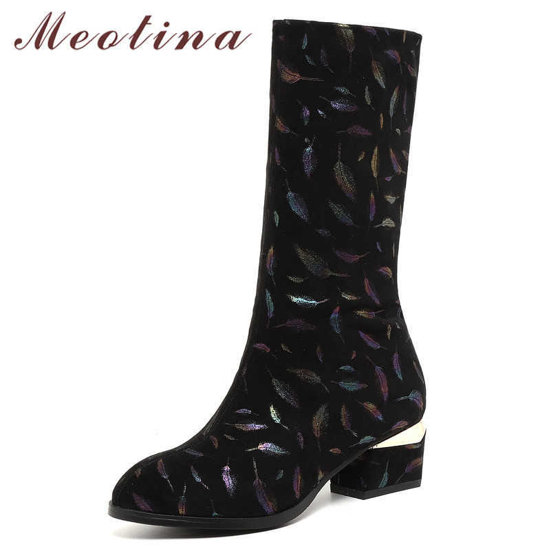 

Meotina Autumn Mid Calf Boots Women Slim Stretch Thick Heels Elastic Boots Mixed Colors Pointed Toe Shoes Lady Winter Size 34-39 210608, As picture