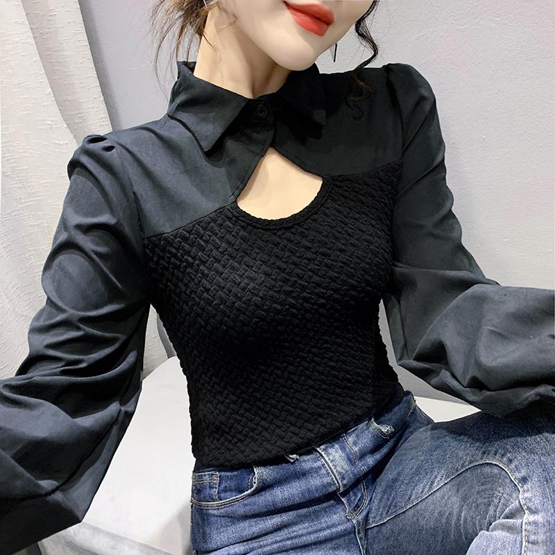 

Women' T-Shirt Fall Winter European Clothes Cotton Thick Fashion Sexy Hollow Out Patchwork Women Tops Puff Sleeve Tees, Black tshirt