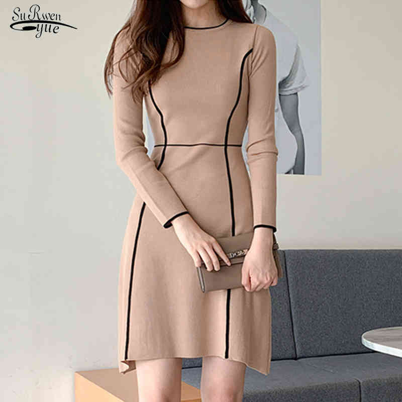

Vintage A-Line Ladies Dress Fashion Elegant Knitted Sweater Women O-Neck High Waist Knee Length for 12702 210521, Black