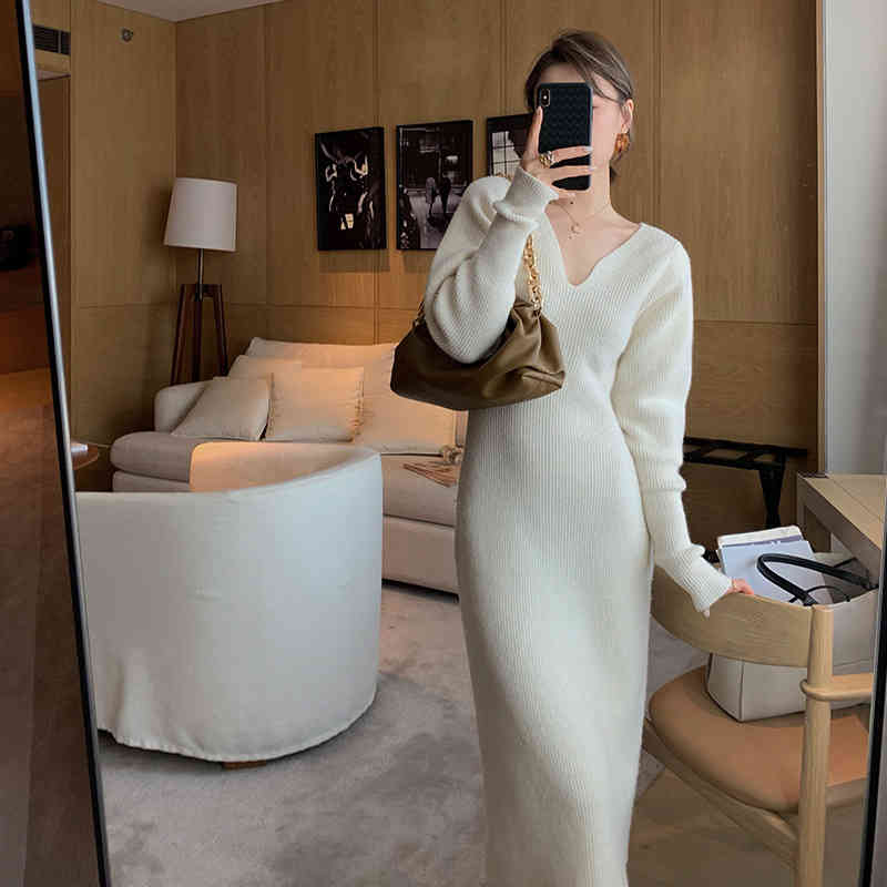 

French Style Long Sweater Dress Knitting Solid Womens Autumn And Winter Wear Minimalism, Black;gray