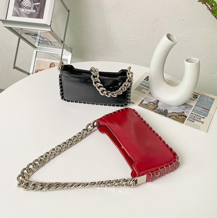 

Wholesale factory ladies shoulder bags elegant solid color leather chain bag street personality chain edging women handbag fashion bright storage wallet, Red(boutique box)