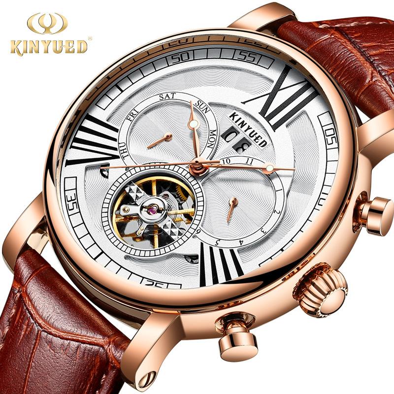 

Wristwatches KINYUED Top Fashion Luxury Automatic Mechanical Watch Tourbillon Watches Military Waterproof Leather Sports Clock Reloj Hombre, Rose gold black