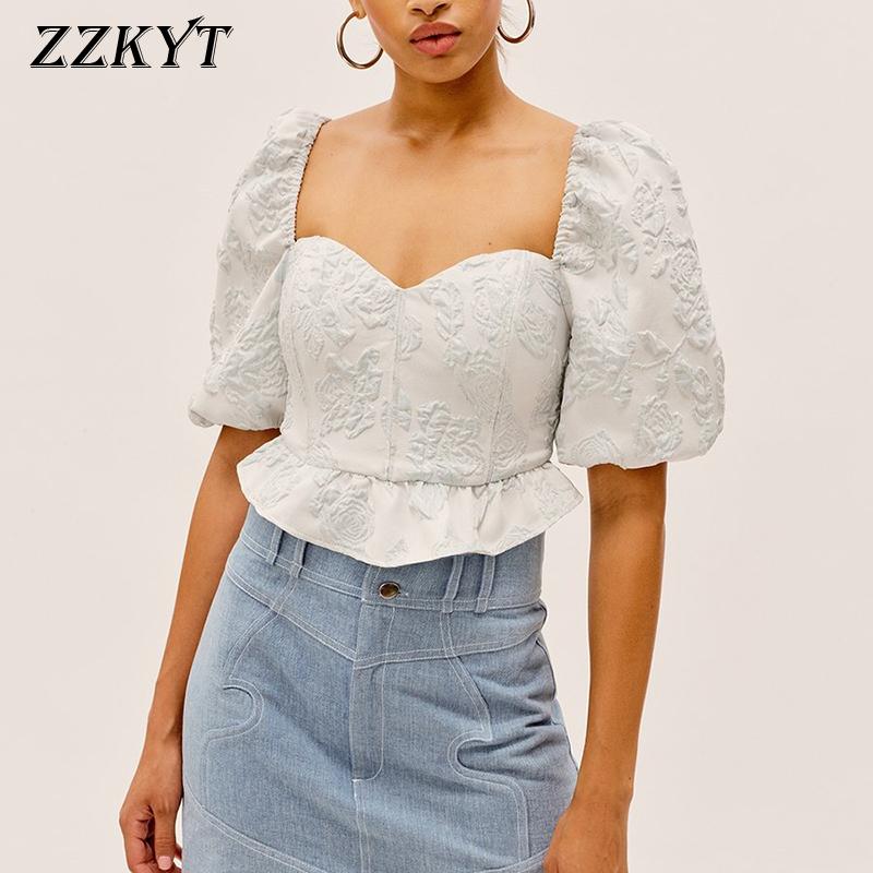 

Women' Blouses & Shirts ZZKYT 2021 Women Summer Vintage Solid Ruffles Cropped Fashion Square Collar Puff Sleeves Female Blusas Chic Tops, As picture