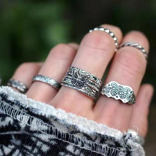 

Wedding Rings Retro Stackable Butterfly Five-piece Pattern For Women Fashion Hip-hop Street Style Couple Ring Party Jewelry, Slivery;golden