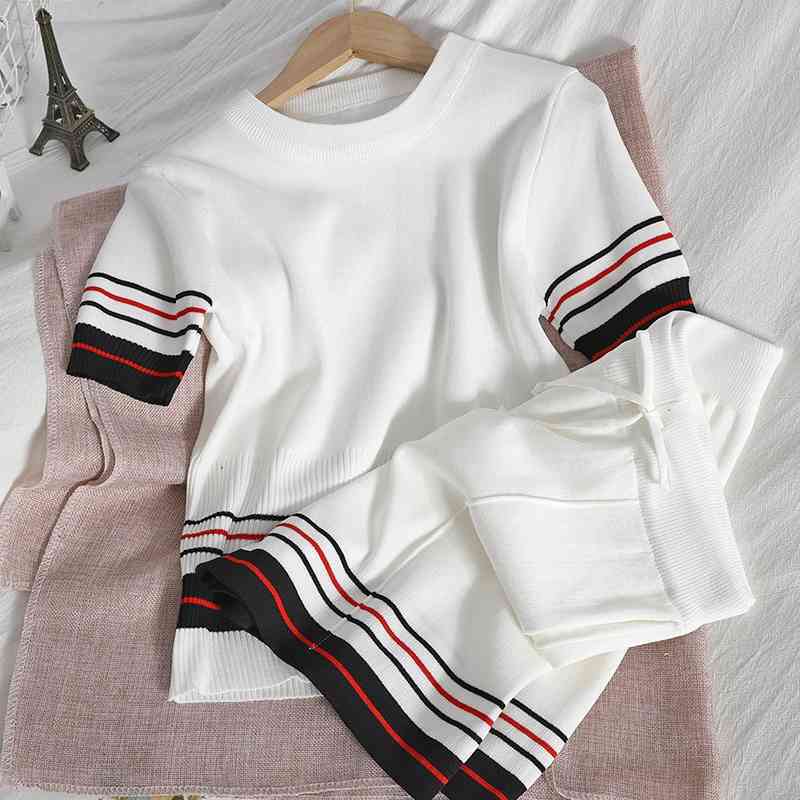 

Summer Fall Contrast Stripe Knitted Tracksuit Women Korean O-neck Pullover Top + Lacing High Waist Shorts Two-piece Set Female 210525, White