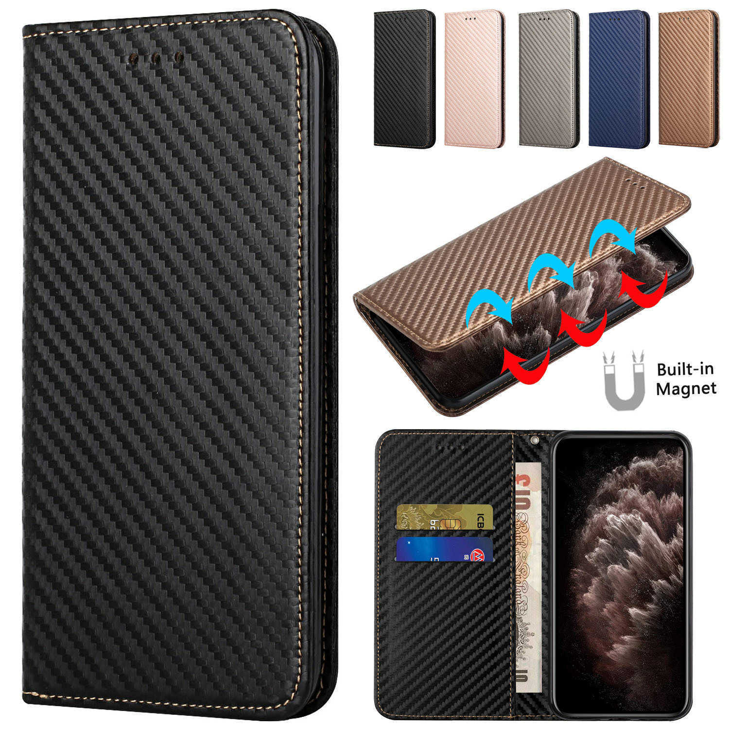 

Luxury Carbon Fiber Phone Case For Samsung Galaxy S10 e S20 S21 FE Plus Note 20 Ultra Cover Wallet Card Slot Flip Leather