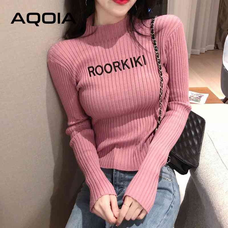 

Winter Korean Style Letter Embroidery Slim Women's Sweaters Long Sleeve Turtleneck Elasticity Sweater Women Female Pullover 210521, Sku